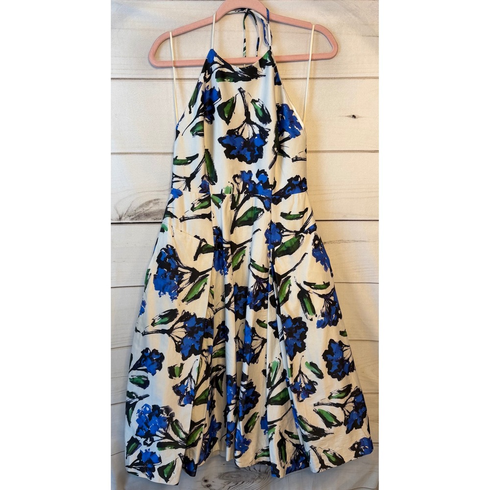 Milly Floral Halter Dress Blue Green White Botanical Fit & Flare Open Back